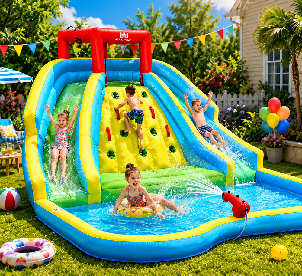 Château gonflable pour parc aquatique avec double toboggan et mur d'escalade avec souffleur de 735 W