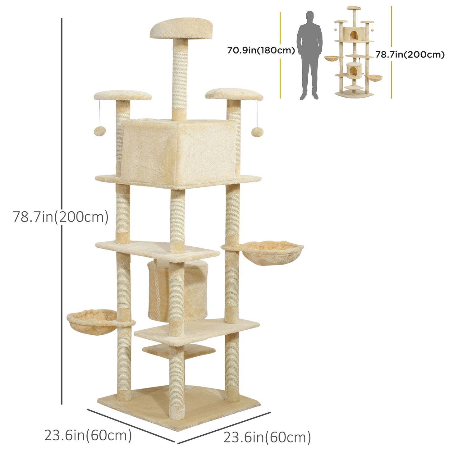 79" Cat Tree with Kitten Scratching Post, Activity Center and Toys Beige