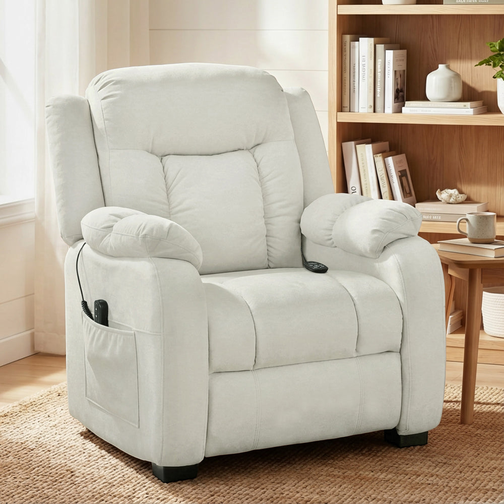 Massage Recliner Chair with Quiet Brushless Motor Pet-Friendly Fabric Power Recliner with 2 Memory Positions Cream White