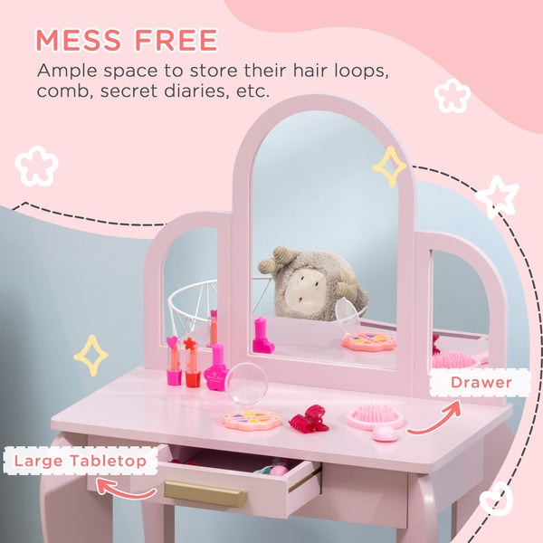 Dressing table and chairs set with drawer, pink