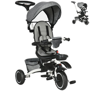 Tricycle 6 en 1 pour tout-petits de 12 à 50 mois, pliable, avec siège réglable, harnais de sécurité, auvent amovible, repose-pieds, gris