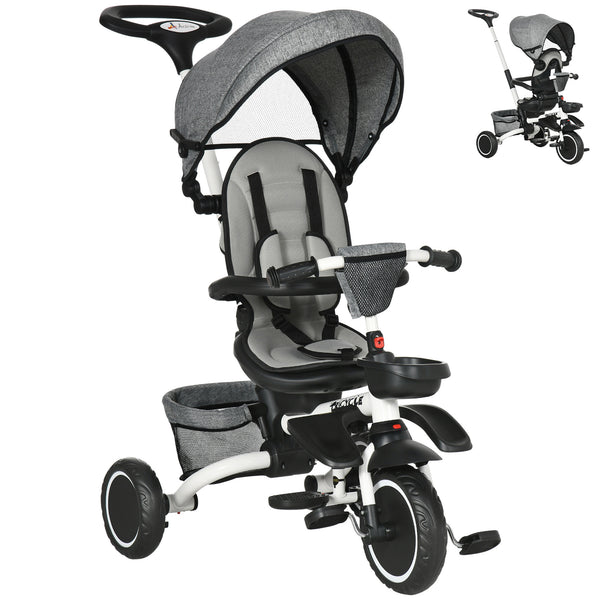 Tricycle 6 en 1 pour tout-petits de 12 à 50 mois, pliable, avec siège réglable, harnais de sécurité, auvent amovible, repose-pieds, gris