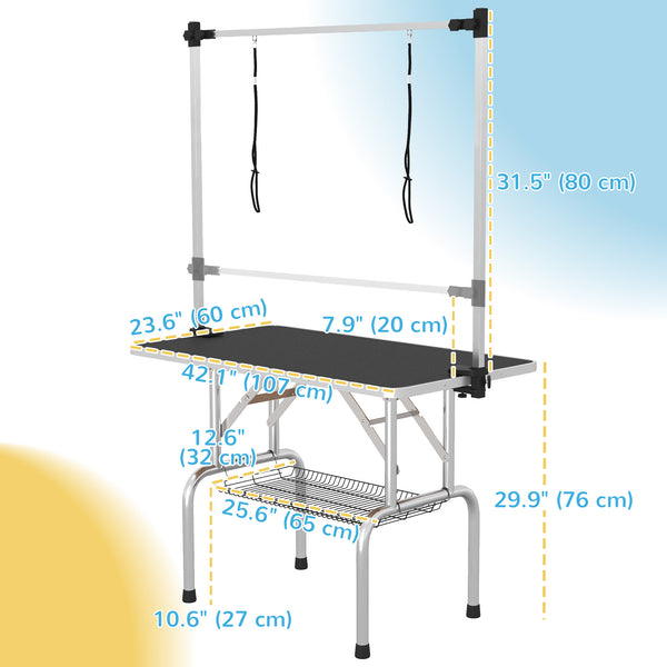 Adjustable Dog Grooming Table with 2 Safety Straps and Storage Basket, Black