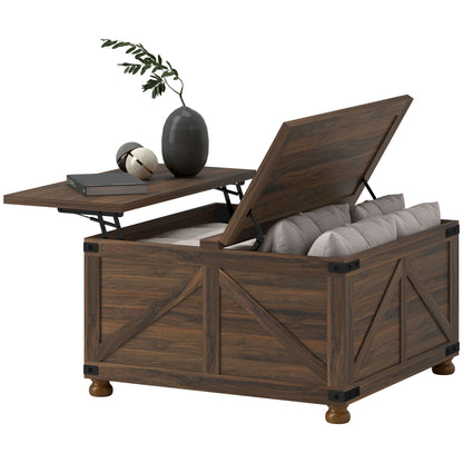 Table basse avec plateau relevable de style campagnard avec compartiment caché, grain de bois brun