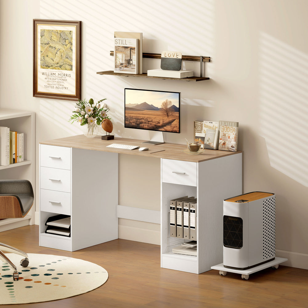 Bureau avec 4 tiroirs réversibles et support mobile pour PC, blanc