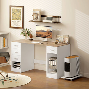 Desk with 4 reversible drawers and mobile PC stand, white