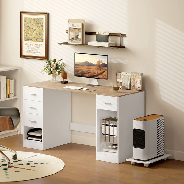 Desk with 4 reversible drawers and mobile PC stand, white