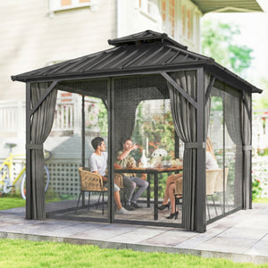 Gazebo toit rigide 10' x 10' avec double toit en acier galvanisé, structure en aluminium, gris foncé