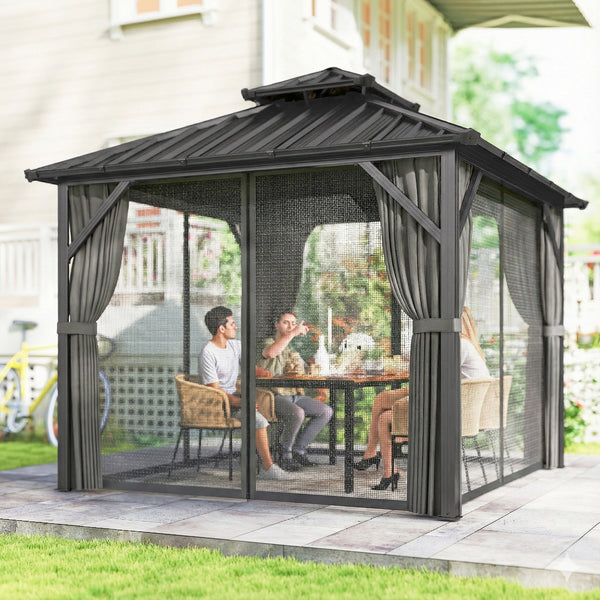 Gazebo toit rigide 10' x 10' avec double toit en acier galvanisé, structure en aluminium, gris foncé