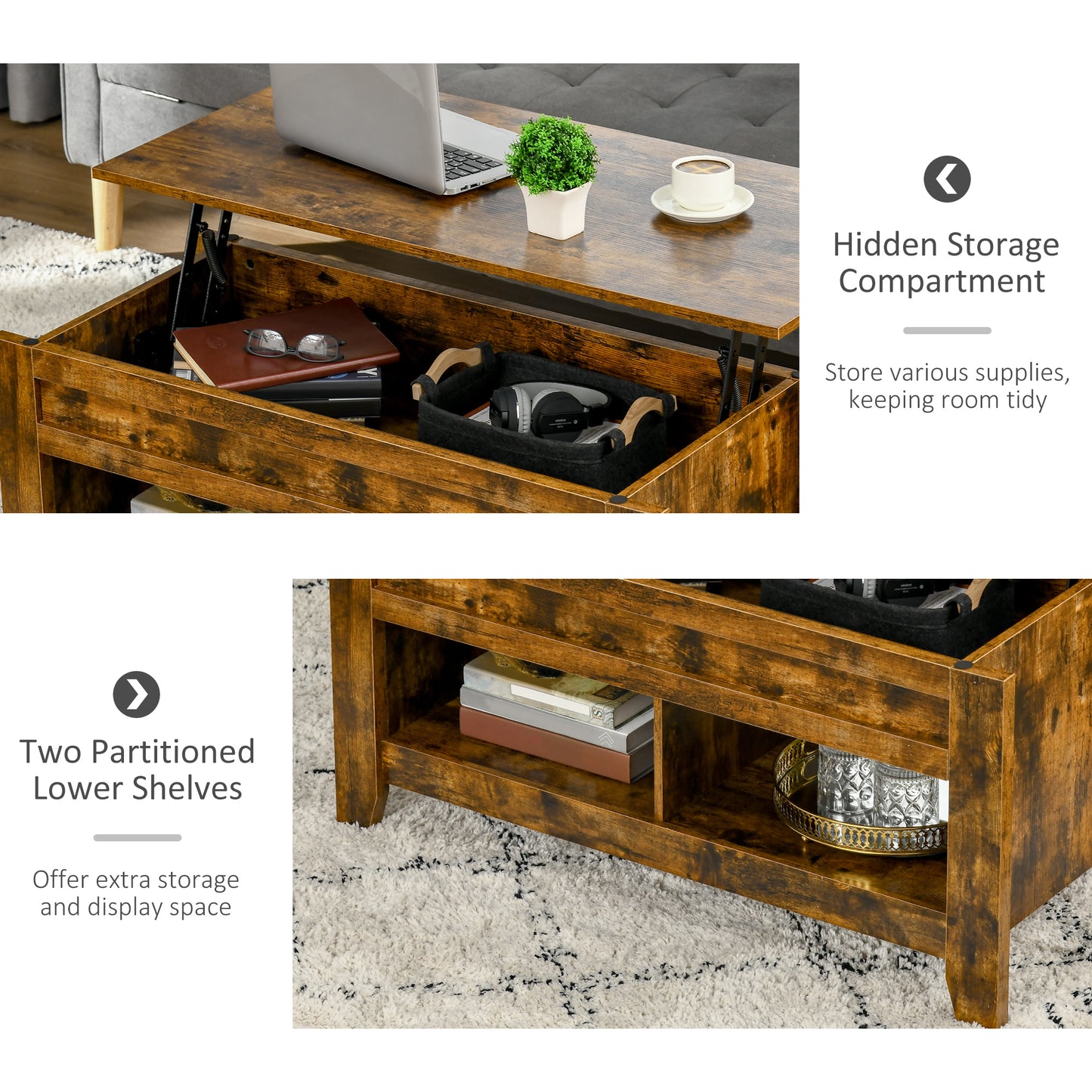 Table basse relevable avec compartiment de rangement dissimulé et étagères ouvertes, marron