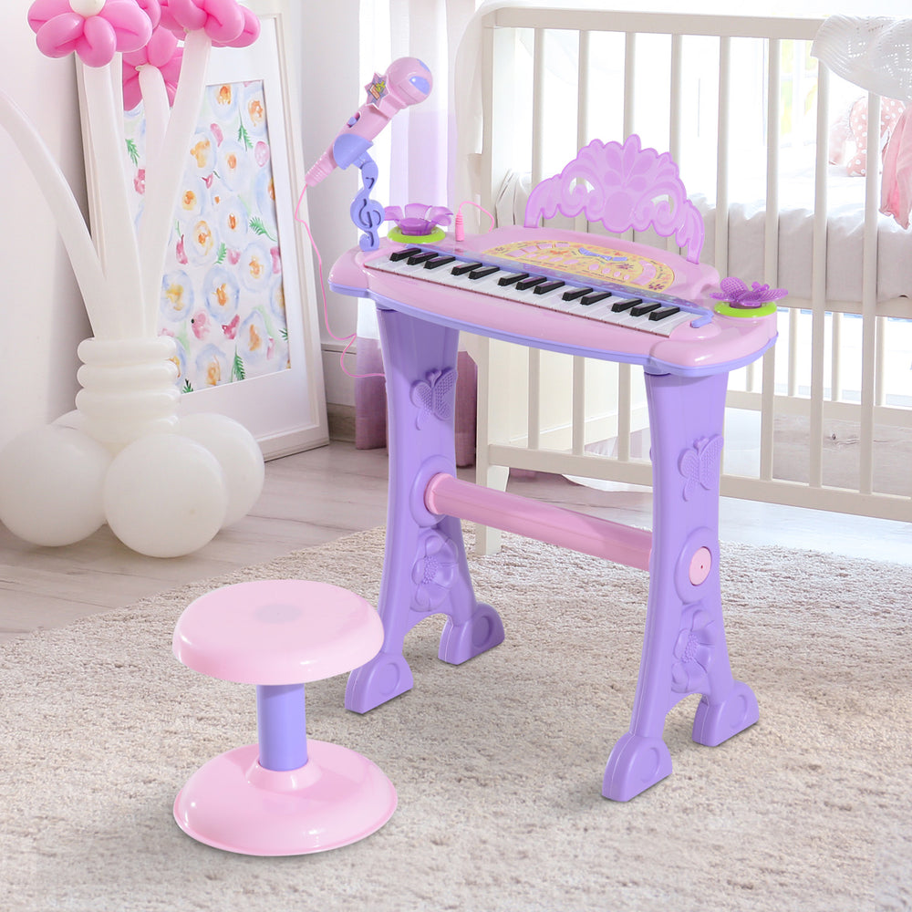 Piano électronique avec microphone et tabouret rose/mauve