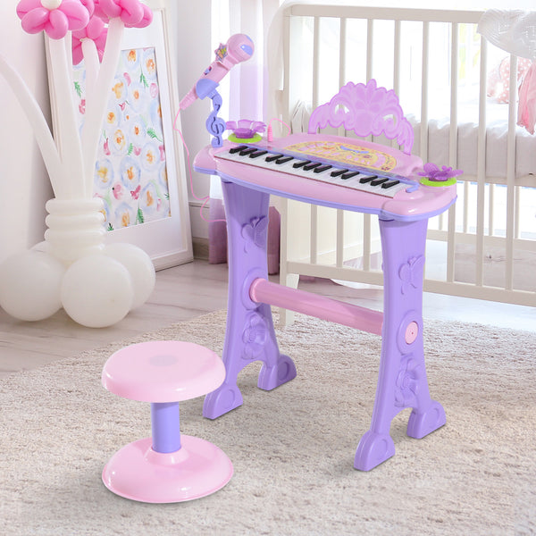 Piano électronique avec microphone et tabouret rose/mauve