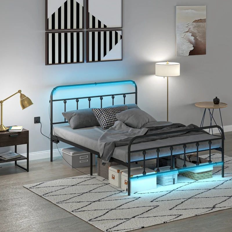 Cadre de lit double avec éclairage LED et station de charge, en métal avec rangement sous le lit, noir