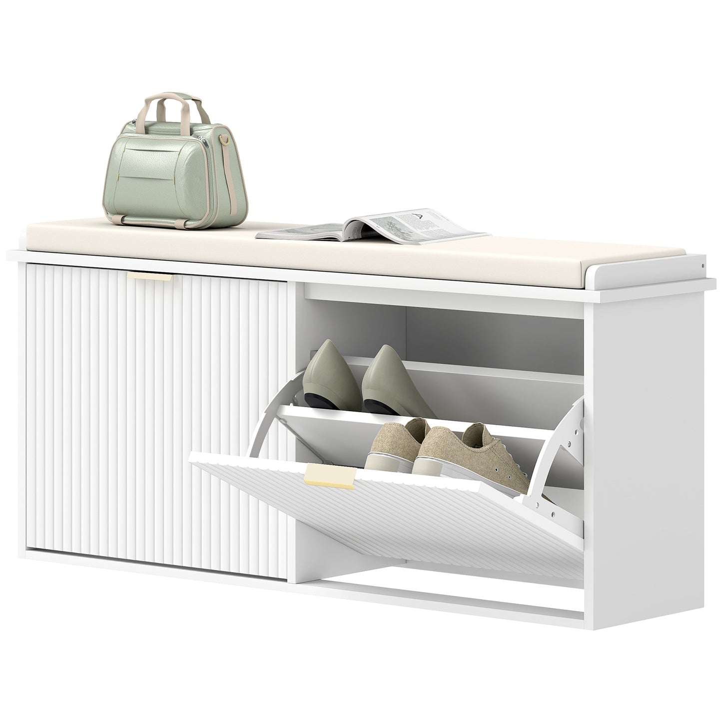 HOMCOM Hallway Bench with Upholstered Seat and Drop-Down Drawers, Load Capacity up to 240 kg, Storage for 10 Pairs of Shoes, White