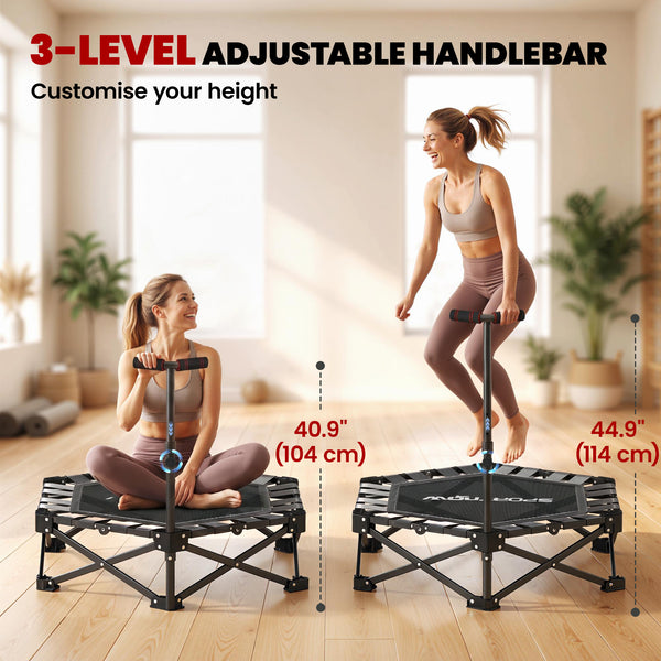 Mini trampoline pliable avec barre de soutien ajustable et capacité de 400 lb