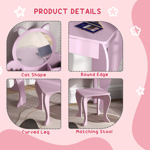 Coiffeuse avec miroir et tabouret, motif chat, rose