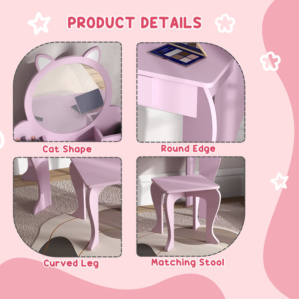 Coiffeuse avec miroir et tabouret, motif chat, rose