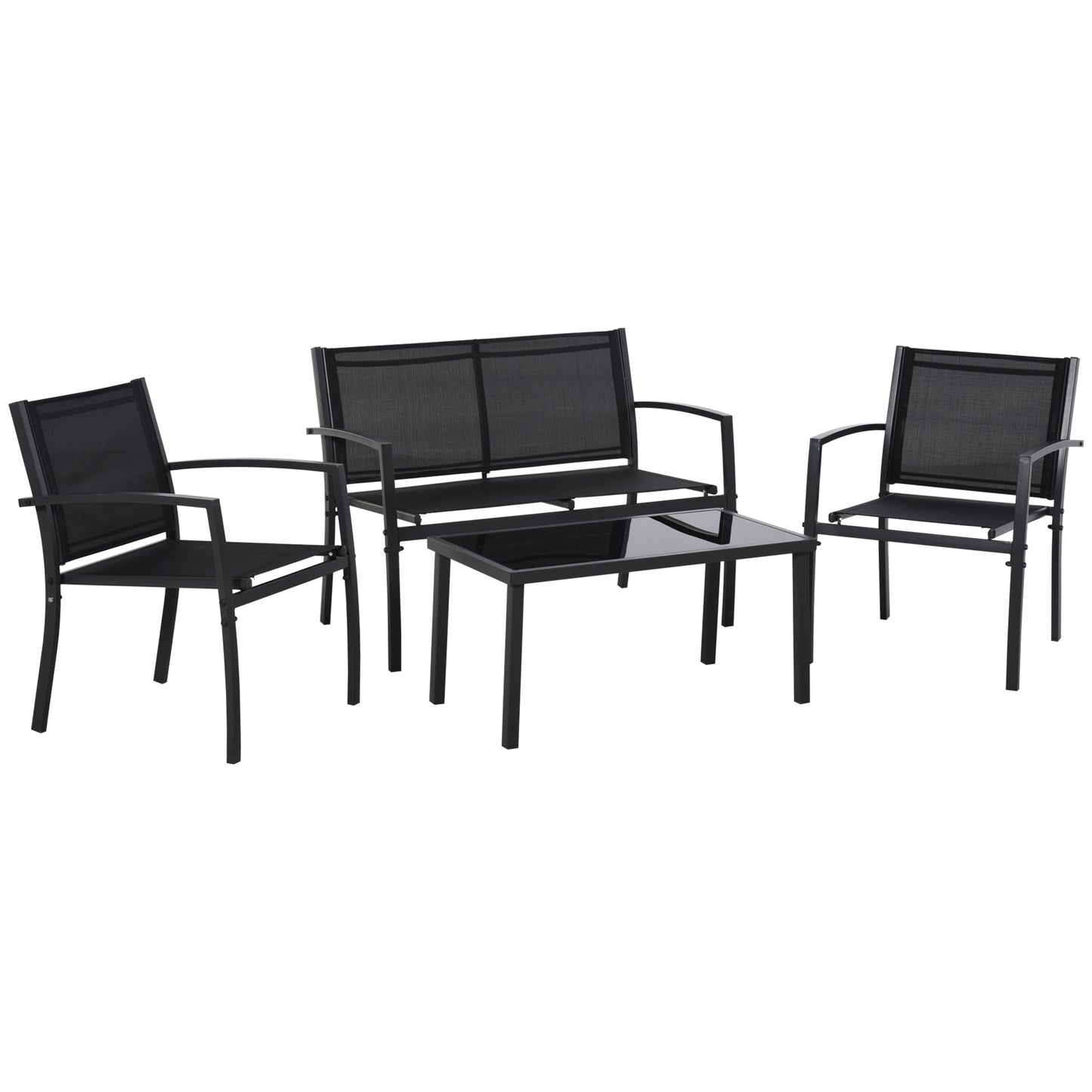 Outsunny 4 Piece Garden Furniture Set with Glass Coffee Table, Breathable Mesh Seat and Backrest for Garden and Balcony, Black
