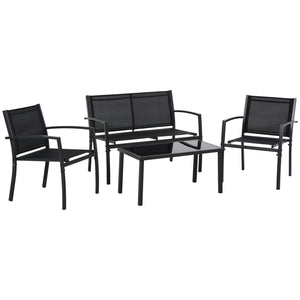 Ensemble de meubles 4 pièces avec table basse en verre, assise et dossier en maille respirante pour jardin et balcon, noir