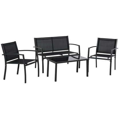 Outsunny 4 Piece Garden Furniture Set with Glass Coffee Table, Breathable Mesh Seat and Backrest for Garden and Balcony, Black