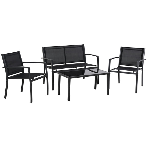 Ensemble de meubles 4 pièces avec table basse en verre, assise et dossier en maille respirante pour jardin et balcon, noir
