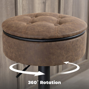 Set of 2 swivel bar stools with storage, faux leather upholstery, footrest, steel base, brown