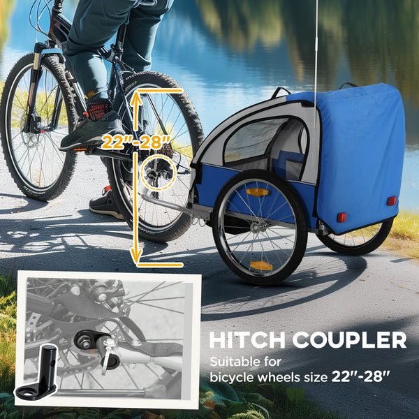 2-seater bicycle trailer with sturdy steel frame, 5-point safety harness, blue