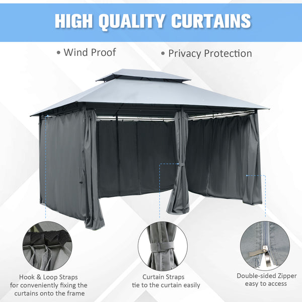 13'L x 10'W x 8.7'H Patio Gazebo Outdoor 2-Tiers Garden Canopy Yard Sunshade Shelter with Curtains, Grey