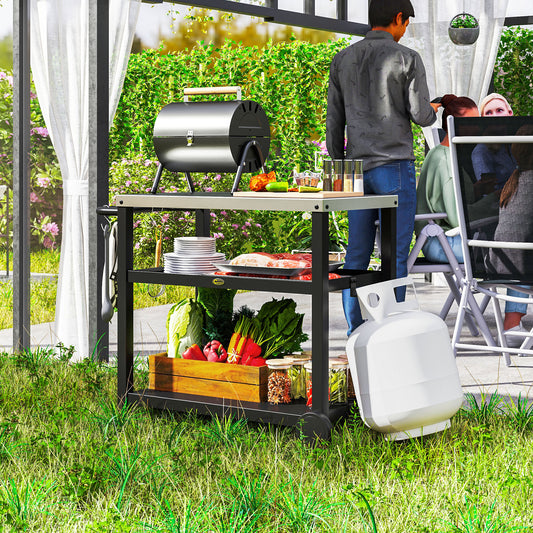 Outsunny 3-Shelf Outdoor Kitchen Cart, Pizza Oven, Stainless Steel Top, Mobile BBQ Food Prep Table, Outdoor Kitchen Island with Hooks, Casters and Handle, Charcoal Grey 