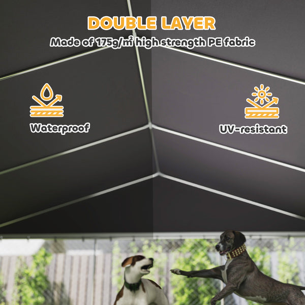 Heavy Duty Outdoor Dog Kennel with Waterproof Roof, Secure Latch, Chain Link Dog Run for Backyard, 19.7' x 19.7' x 8.9'