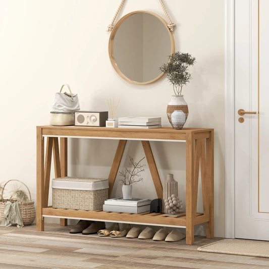 Console d'entrée étroite de style campagnard avec étagère de rangement, marron