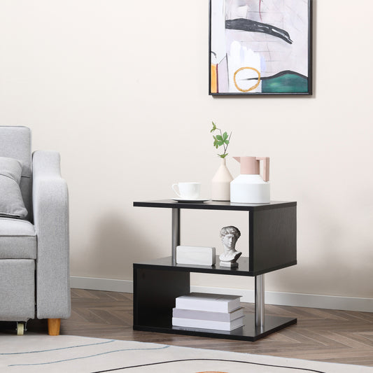 Table d'appoint en bois en forme de S avec 3 étagères de rangement, noir