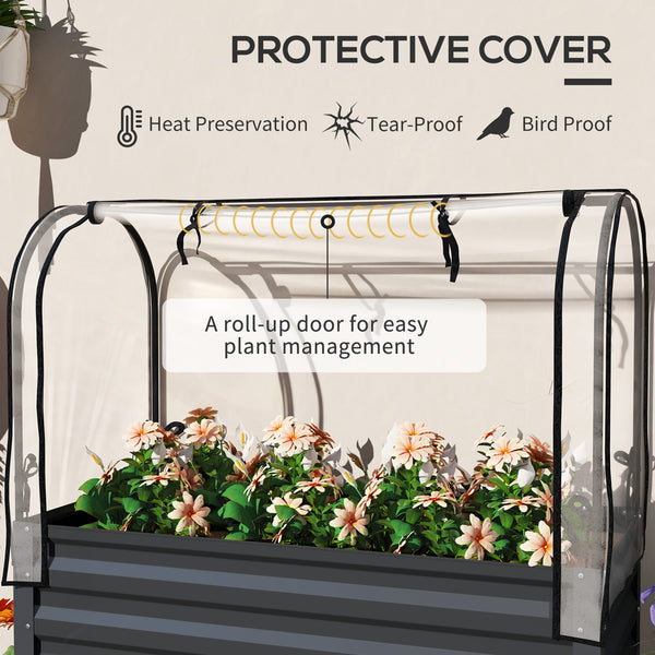 Jardinière surélevée avec couvercle, étagère inférieure et doublure, gris foncé