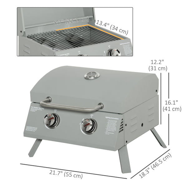 2 Burner Propane Gas Grill, Portable Tabletop BBQ with Foldable Legs, Lid, for Camping, Picnic, Silver