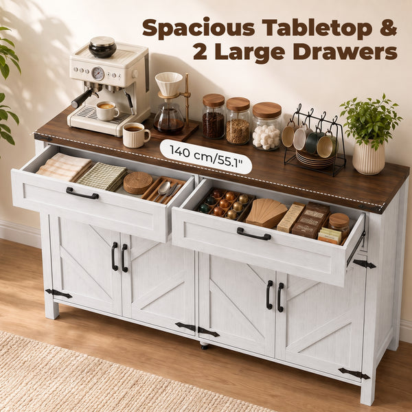 Buffet de rangement 55 po avec 2 tiroirs, 2 armoires et tablettes ajustables, blanc