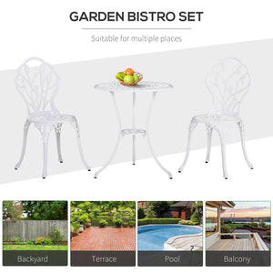 3 Pieces Patio Bistro Set, Outdoor Cast Aluminum Garden Table and Chairs with Umbrella Hole for Balcony, White