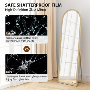 Full length arched floor mirror with faux stone frame, beige