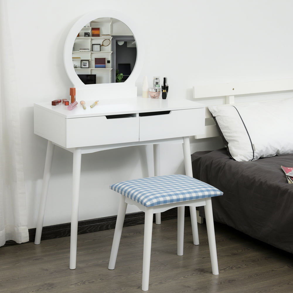 Coiffeuse avec miroir rond et 2 tiroirs, tabouret rembourré, blanc