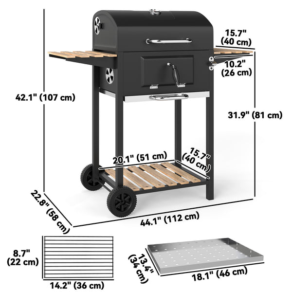 Barbecue au charbon de bois sur roulettes avec bac à charbon réglable, grande surface de cuisson, 3 étagères et thermomètre