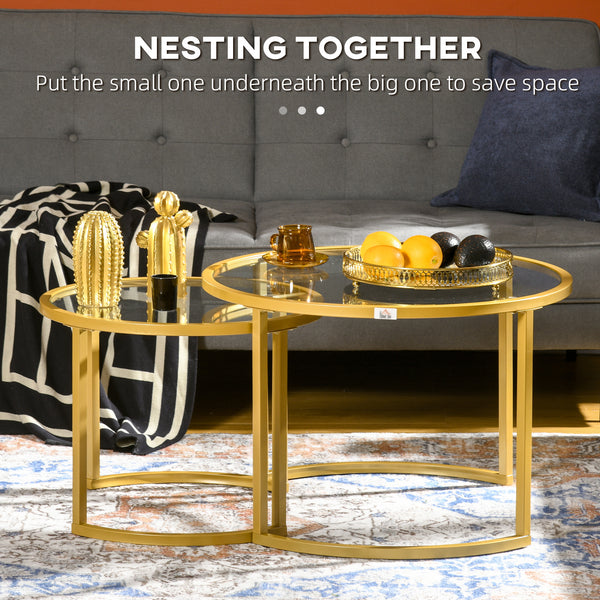 Lot de 2 tables basses rondes modernes avec plateau en verre trempé dorées