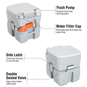 Toilettes de voyage portables avec réservoir à chasse d'eau, indicateur de niveau et robinet, 20 litres