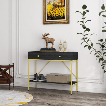 Console d'entrée avec 2 tiroirs et étagère de rangement, noir