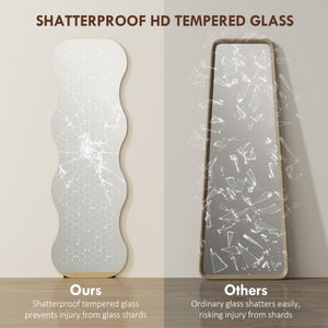 Irregular Wavy Frameless Full Length Mirror with Pine Base, Black