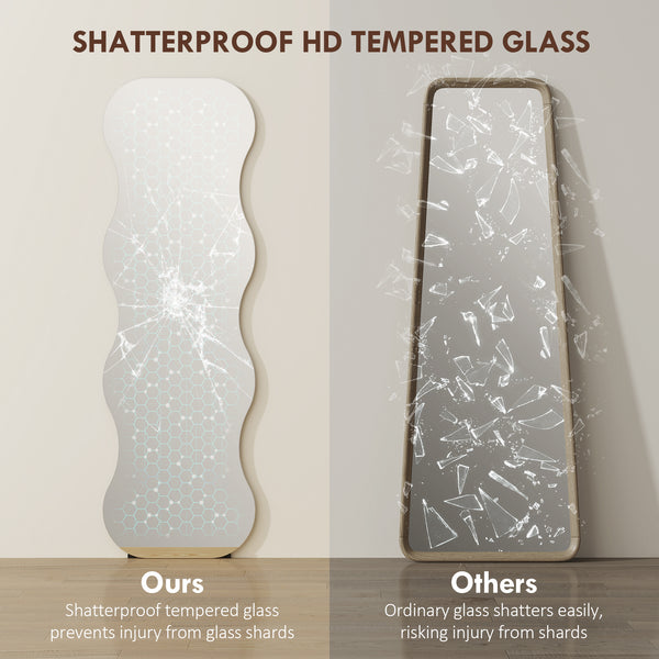 Irregular Wavy Frameless Full Length Mirror with Pine Base, Black