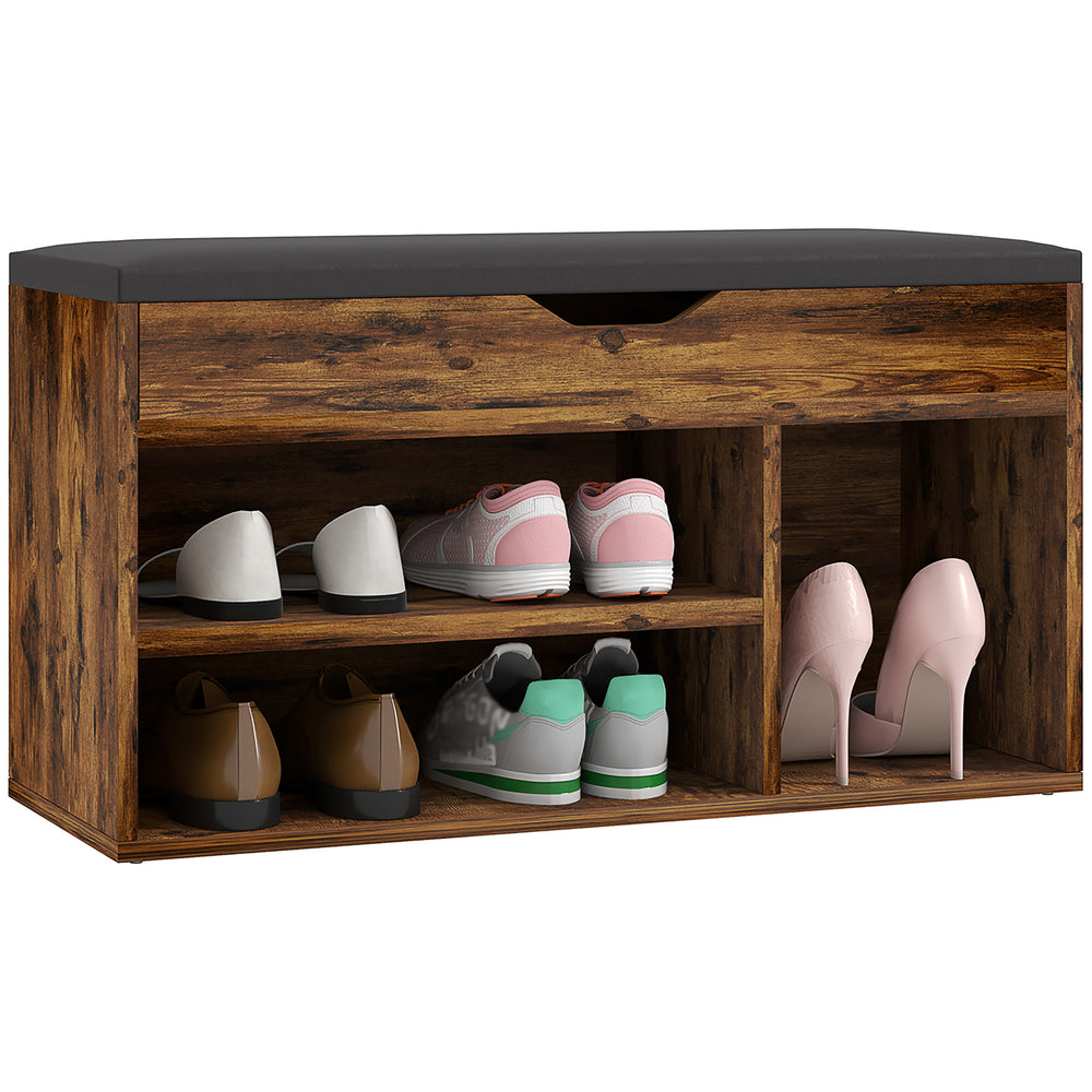 Banc à chaussures avec assise rembourrée et rangement caché – Brun rustique