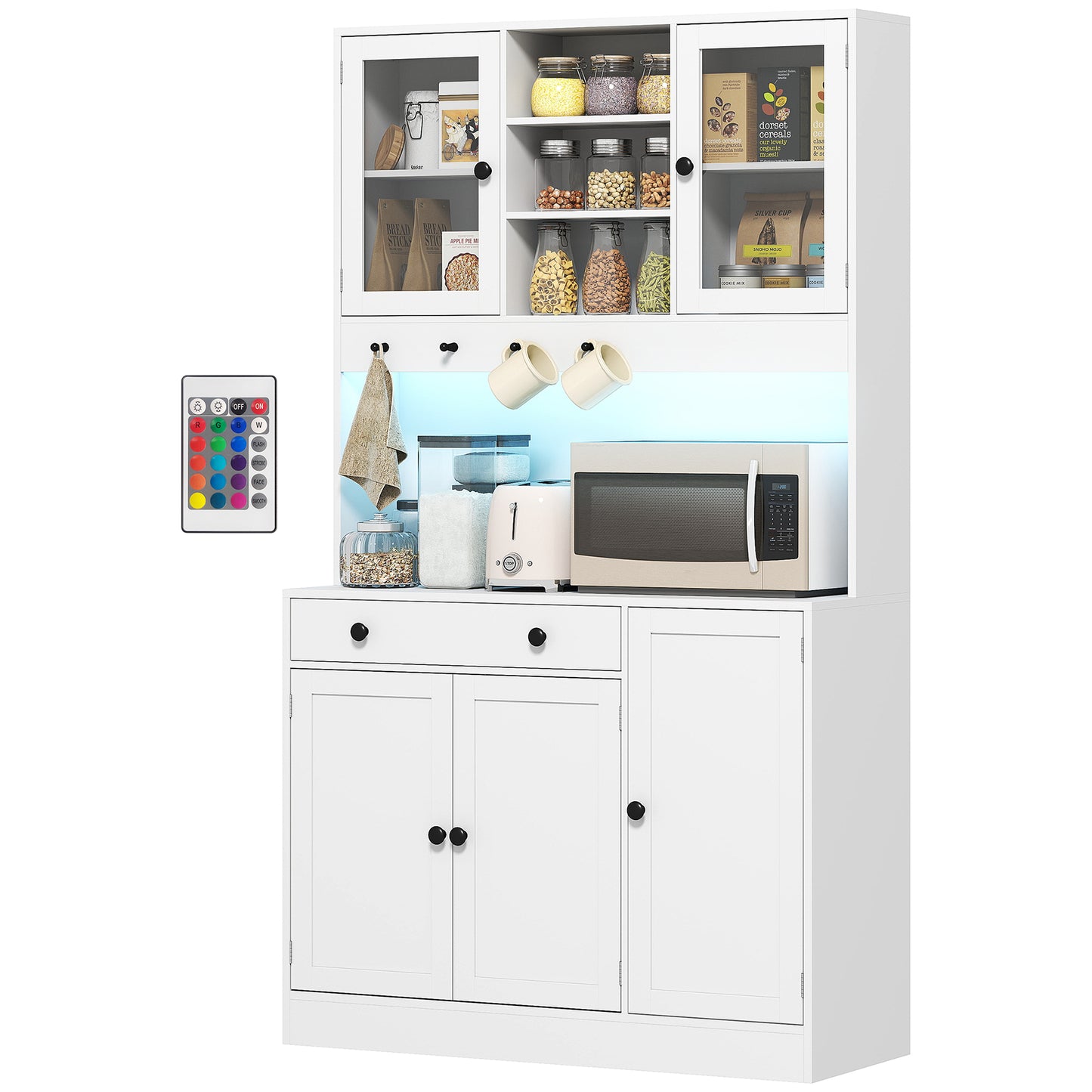Tall kitchen cabinet with LED lighting, shelves, drawer, doors, white