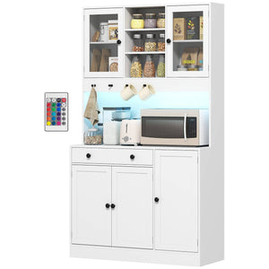 Armoire de cuisine haute avec éclairage LED, étagères, tiroir, portes, blanc