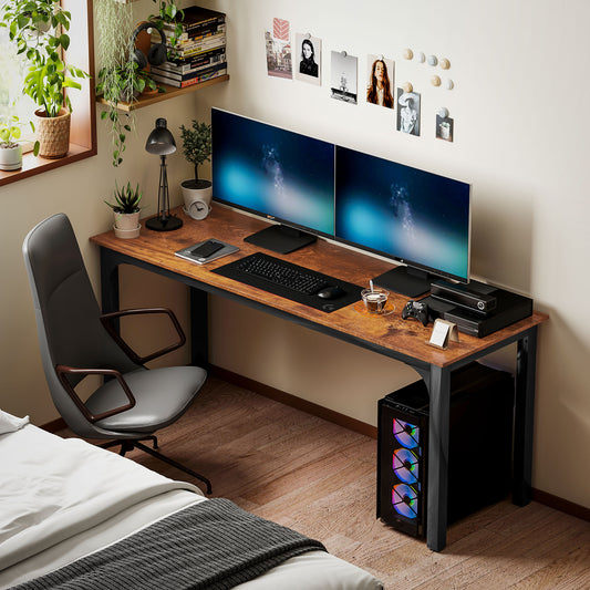 Bureau d'ordinateur 71" avec pieds en métal, brun rustique