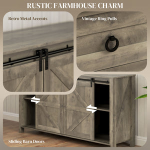 Buffet de style campagnard avec portes coulissantes, tiroirs et étagères réglables, gris clair vieilli