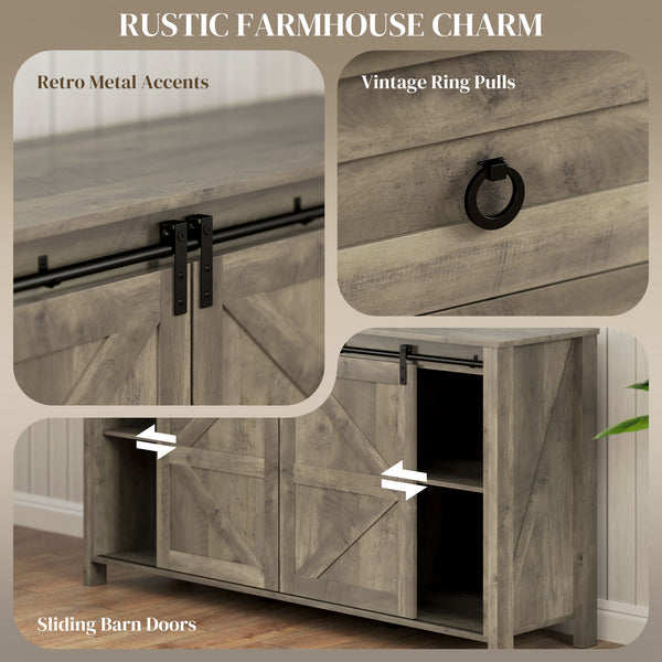 Buffet de style campagnard avec portes coulissantes, tiroirs et étagères réglables, gris clair vieilli